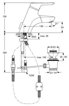 IDEAL STANDARD CERAMIX BLUE LIFT umývadlová stojanková batéria, s vyťahovacou sprškou a odtokovou súpravou, chróm A5654AA Technický nákres