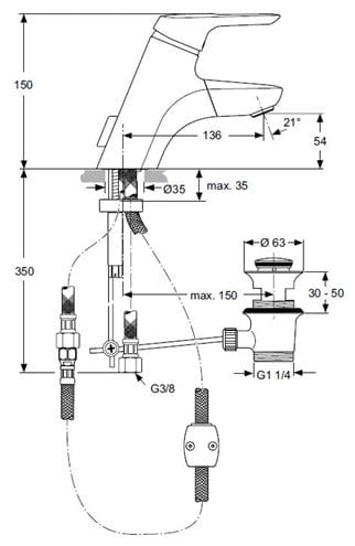 IDEAL STANDARD CERAMIX BLUE LIFT umývadlová stojanková batéria, s vyťahovacou sprškou a odtokovou súpravou, chróm A5654AA Technický nákres