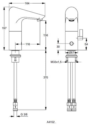 IDEAL STANDARD CERAPLUS umývadlová senzorová batéria s reguláciou teploty, napájanie z batérie, chróm A4152AA Technický nákres