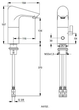 IDEAL STANDARD CERAPLUS umývadlová senzorová batéria s reguláciou teploty, napájanie z batérie, chróm A4152AA Technický nákres
