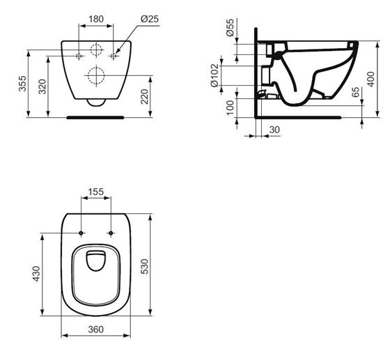IDEAL STANDARD TESI závesné WC T007801 Technický nákres