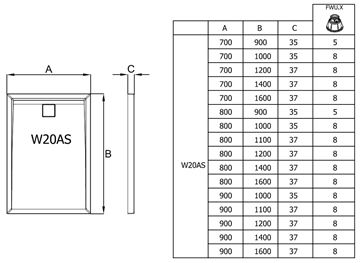 RONAL LIVADA W20AS sprchová vanička 90x160 cm, liaty mramor, bez nožičiek W20AS 090 160 04 Technický nákres