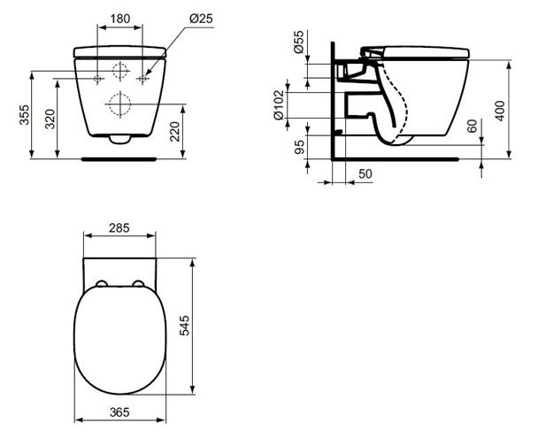 IDEAL STANDARD CONNECT závesné WC, AquaBlade splachovanie E047901 Technický nákres