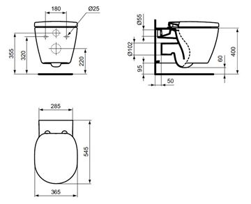 IDEAL STANDARD CONNECT závesné WC, AquaBlade splachovanie E047901 Technický nákres