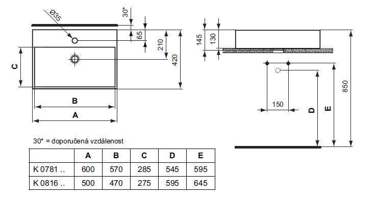 IDEAL STANDARD STRADA umývadlo na dosku 50 cm, s otvorom pre batériu a prepadom, Ideal Plus K0816MA Technický nákres