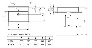 IDEAL STANDARD STRADA umývadlo na dosku 50 cm, s otvorom pre batériu a prepadom, Ideal Plus K0816MA Technický nákres