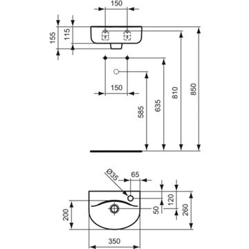 IDEAL STANDARD CONNECT ARC umývadielko 35 cm, s otvorom pre batériu vpravo a prepadom E791301 Technický nákres