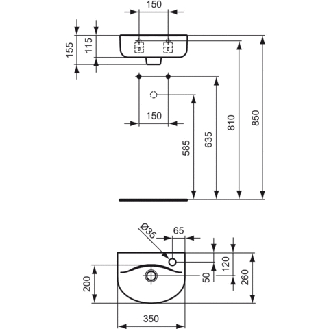 IDEAL STANDARD CONNECT ARC umývadielko 35 cm, s otvorom pre batériu vpravo a prepadom E791301 Technický nákres