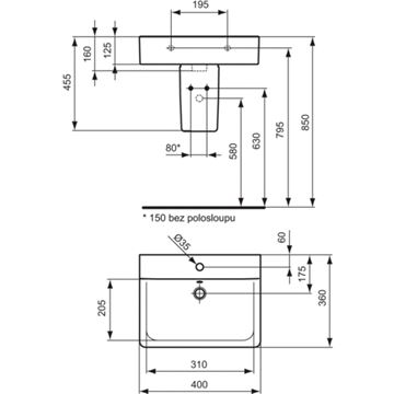 IDEAL STANDARD CONNECT CUBE umývadielko 40 cm, s otvorom pre batériu a prepadom E713701 Technický nákres