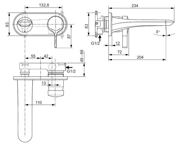 IDEAL STANDARD MELANGE umývadlová podomietková batéria, chróm A5591AA Technický nákres
