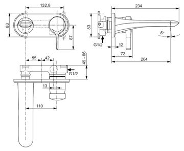 IDEAL STANDARD MELANGE umývadlová podomietková batéria, chróm A5591AA Technický nákres