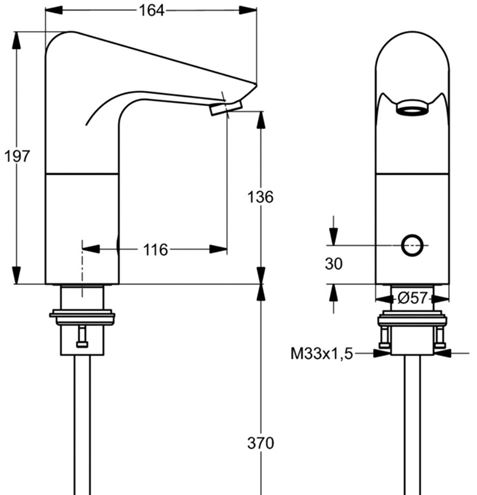 IDEAL STANDARD CERAPLUS umývadlová senzorová batéria s prednastavenou teplotou, napájanie zo siete, chróm A4153AA Technický nákres