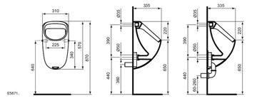 IDEAL STANDARD CONNECT pisoár, zadný prívod vody E567101 Technický nákres