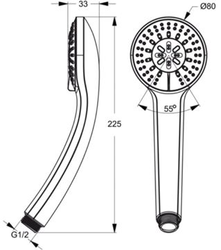 IDEAL STANDARD IDEALRAIN S3 ručná sprcha pr. 80 mm, 3 prúdy, chróm B9401AA Technický nákres