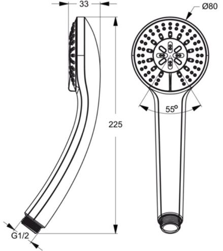 IDEAL STANDARD IDEALRAIN S3 ručná sprcha pr. 80 mm, 3 prúdy, chróm B9401AA Technický nákres