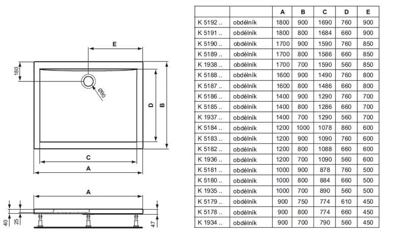 IDEAL STANDARD ULTRA FLAT sprchová vanička 120x90 cm, akrylát, bez nožičiek K518301 Technický nákres