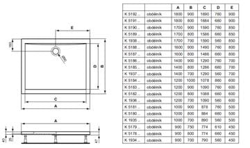 IDEAL STANDARD ULTRA FLAT sprchová vanička 120x90 cm, akrylát, bez nožičiek K518301 Technický nákres