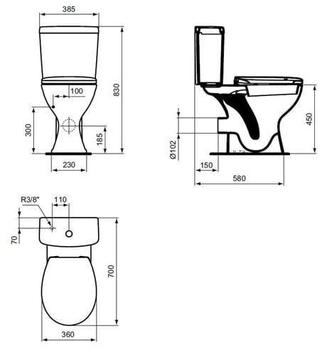 IDEAL STANDARD CONTOUR 21 bezbariérová WC kombi misa, zadný odpad E883201 Technický nákres