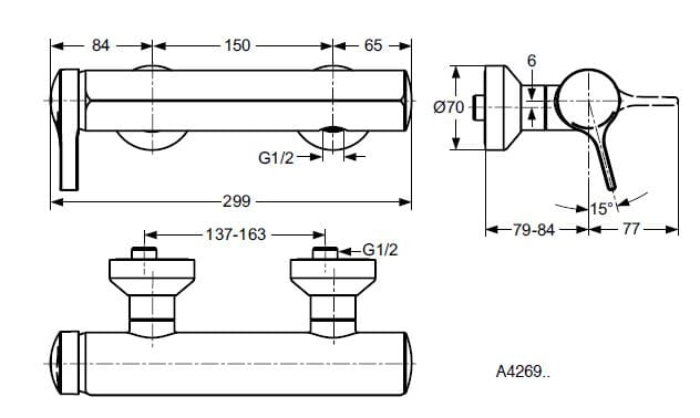 IDEAL STANDARD MELANGE sprchová nástenná batéria, chróm A4269AA Technický nákres
