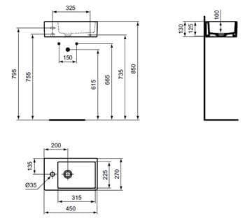 IDEAL STANDARD STRADA umývadlo na dosku 45 cm, s otvorom pre batériu, bez prepadu K081701 Technický nákres