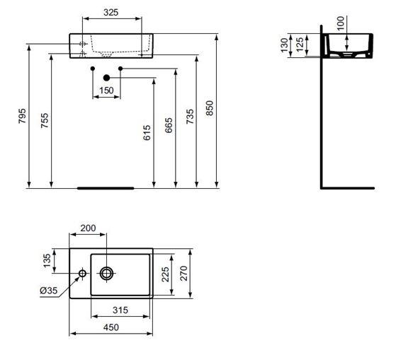 IDEAL STANDARD STRADA umývadlo na dosku 45 cm, s otvorom pre batériu, bez prepadu K081701 Technický nákres
