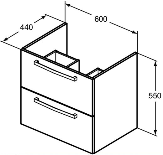 IDEAL STANDARD TEMPO skrinka pod umývadlo 60x44x55 cm, 2 zásuvky, lesklá biela  E3240WG Technický nákres