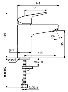 IDEAL STANDARD CERAFLEX GRANDE umývadlová stojanková batéria, chróm B1714AA Technický nákres