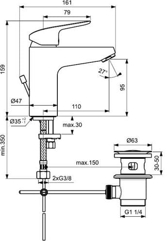 IDEAL STANDARD CERAFLEX GRANDE umývadlová stojanková batéria, s odtokovou súpravou, chróm B1713AA Technický nákres