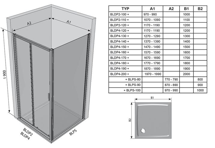 RAVAK BLIX BLDP4 140 sprchové dvere 140x190 cm, posuvné, biela/sklo Grape 0YVM0100ZG Technický nákres