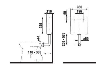 JIKA WC nádržka, bočný prívod vody, Dual-Flush H8937110000001 Technický nákres
