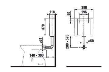 JIKA WC nádržka, bočný prívod vody, Dual-Flush H8937110000001 Technický nákres
