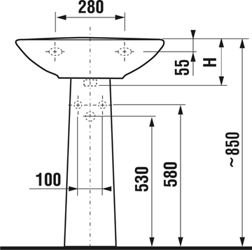 JIKA ZETA umývadlo 55 cm, s otvorom pre batériu a prepadom H8103910001041 Technický nákres