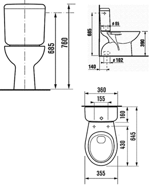 JIKA ZETA WC kombi, Dual-Flush, spodný odpad, bočné napúšťanie H8253970002413 Technický nákres