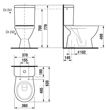 JIKA LYRA PLUS WC kombi, Dual-Flush, spodný odpad, bočné napúšťanie H8263870002413 Technický nákres