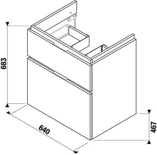JIKA CUBITO PURE skrinka pod umývadlo 64x46,7x68,3 cm, 2 zásuvky, Push-open, lesklá biela H40J4244025001 Technický nákres