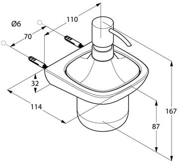 KLUDI AMBA dávkovač tekutého mydla, nástenný, porcelán, chróm 5397605 Technický nákres