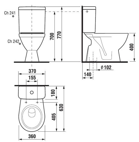 JIKA LYRA PLUS WC kombi, spodný odpad, Dual-Flush, spodné napúšťanie H8263870002421 Technický nákres