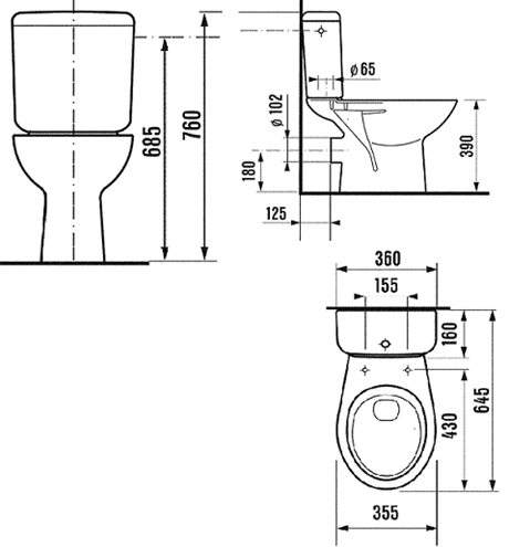 JIKA ZETA WC kombi 645x355x760mm hlboké splachovanie, vodorovný odpad, biela 8.2539.6.000.241.3 H8253960002413 Technický nákres