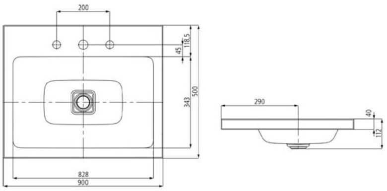KALDEWEI CONO 3084 umývadlo 90 cm, s otvorom pre batériu, bez prepadu, smaltovaná oceľ, Perl-Effekt, alpská biela 902006013001 Technický nákres