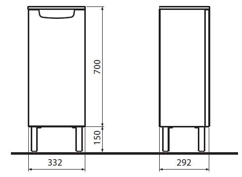 KOLO REKORD nízka skrinka 33,2x29,2x70 cm, 1 dvierka, lesklá biela 88474000 Technický nákres