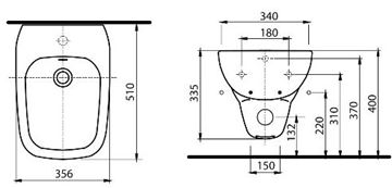 KOLO STYLE bidet závesný 356x510x335mm, s otvorom pre batériu, s prepadom, biela L25100000 Technický nákres