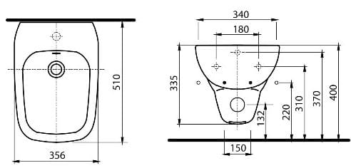 KOLO STYLE bidet závesný 356x510x335mm, s otvorom pre batériu, s prepadom, biela L25100000 Technický nákres
