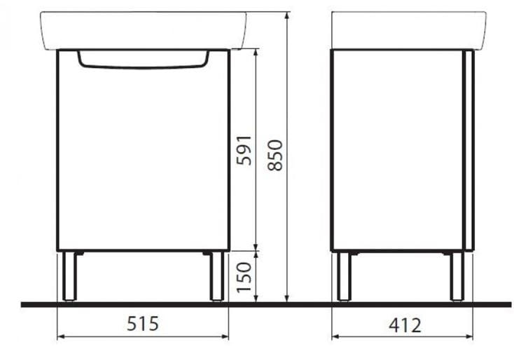 KOLO REKORD skrinka pod umývadlo 51,5x41,2x59,1 cm, 1 dvierka, lesklá biela 89545000 Technický nákres