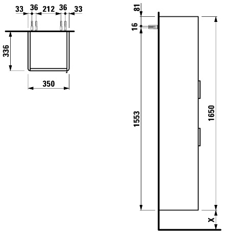 LAUFEN BASE vysoká skrinka 35x33,6x165 cm, 2 dvierkami, 1 polica, pánty vľavo, lesklá biela H4026911102611 Technický nákres