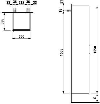 LAUFEN BASE vysoká skrinka 35x33, 6x165 cm, 1 dvierka, pánty vpravo, Push-open, lesklá biela H4026721102611 Technický nákres