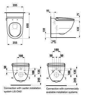 LAUFEN CLEANET RIVA závesné WC s bidetovým sedátkom, Rimless, LCC H8206914000001 Technický nákres
