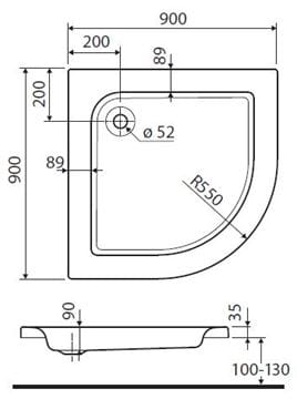 KOLO STANDARD PLUS sprchová vanička 90x90 cm, R550, akrylát, bez nožičiek XBN1590000 Technický nákres