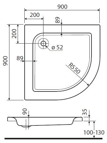 KOLO STANDARD PLUS sprchová vanička 90x90 cm, R550, akrylát, bez nožičiek XBN1590000 Technický nákres