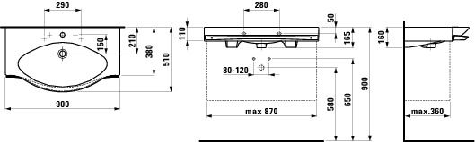LAUFEN PALACE umývadlo 90 cm, s otvorom pre batériu a prepadom, s držiakom na uterák H8127020001041 Technický nákres