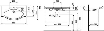 LAUFEN PALACE umývadlo 90 cm, s otvorom pre batériu a prepadom, s držiakom na uterák H8127020001041 Technický nákres